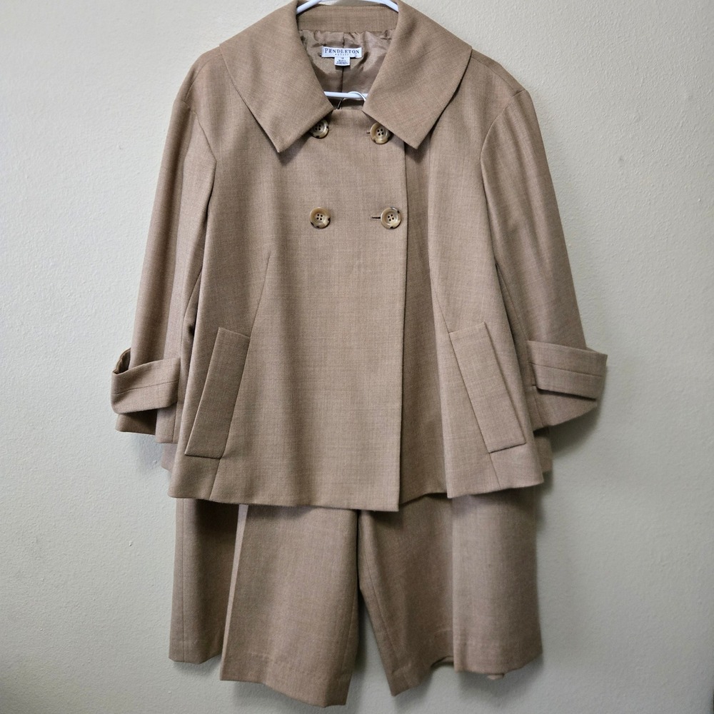 Pendleton Petite Wool Pant Suit Tan Camel 3/4 Sleeve Jacket Capri Set 18/16